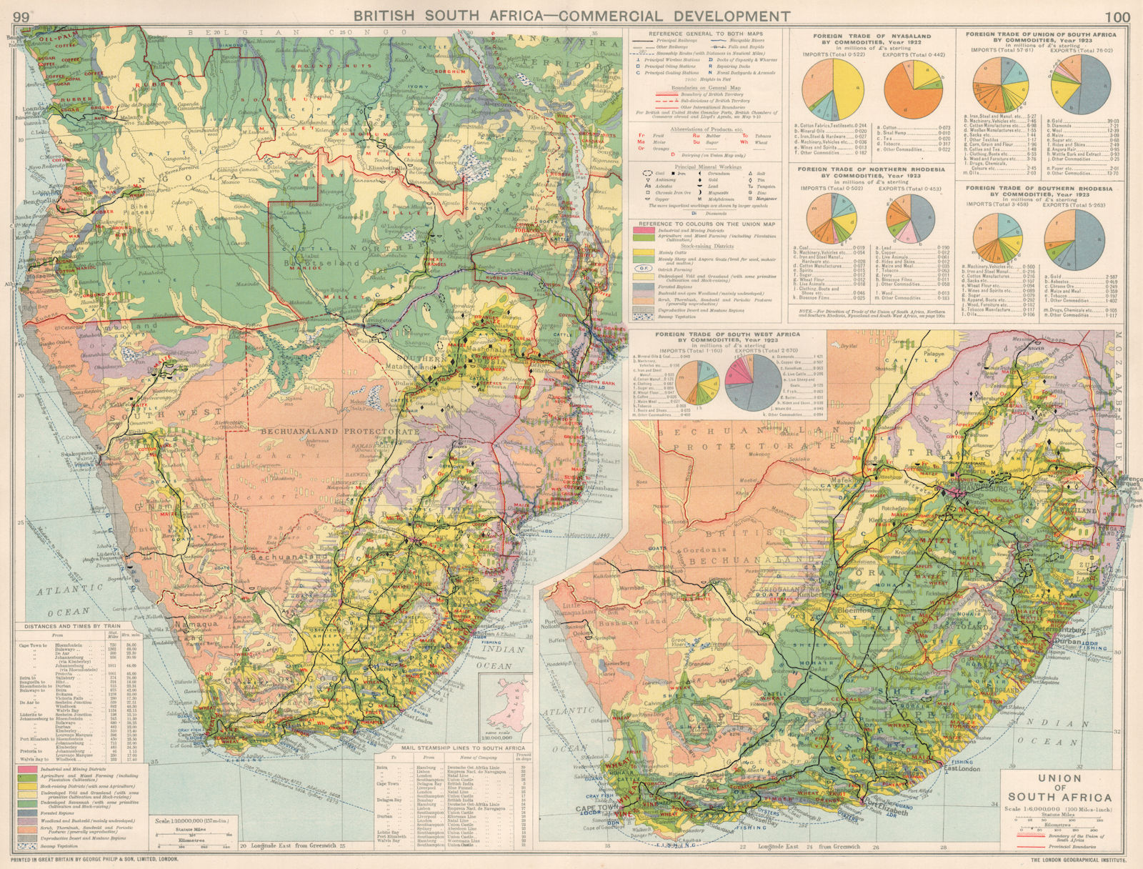 British South Africa. Commercial. Agricultural products & mining 1925 old map